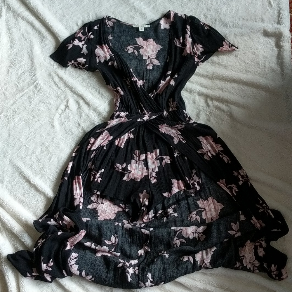 Long black and pink floral romper dress